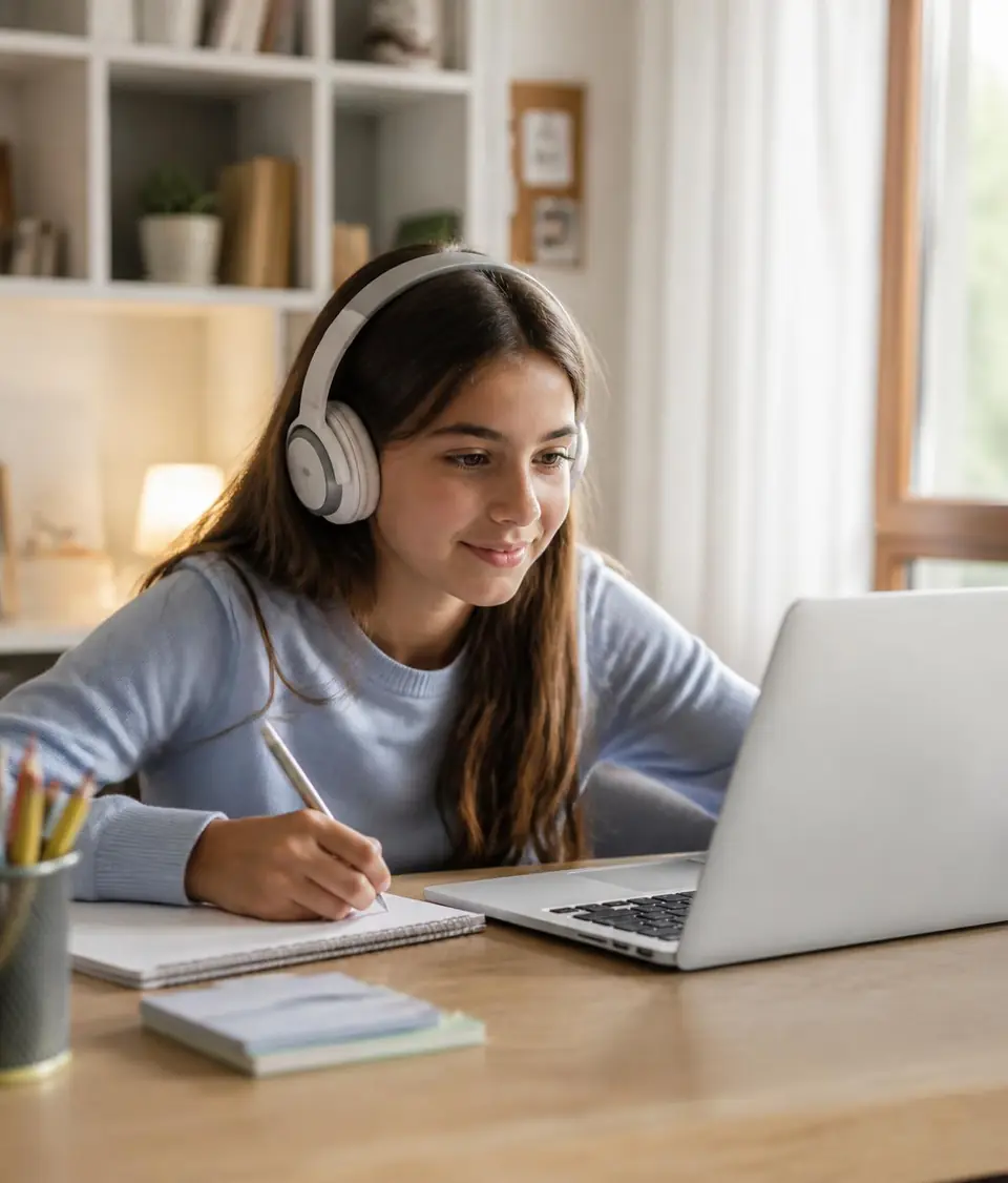 A student attending a live online British Curriculum lesson from home